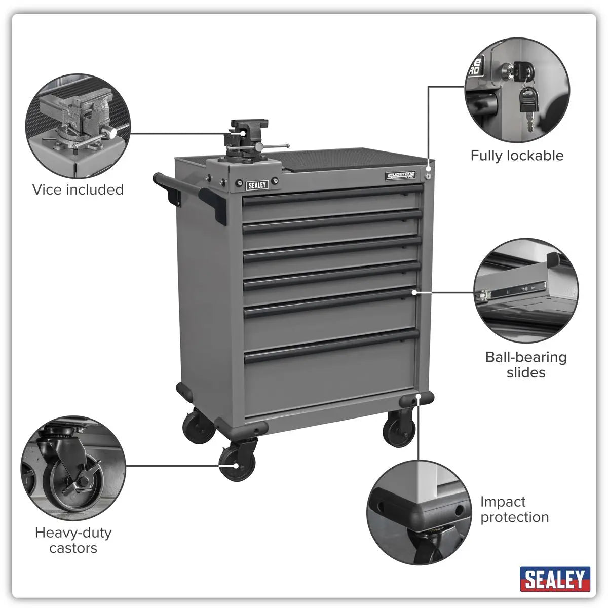 Sealey Superline PRO® Rollcab 6 Drawer with SG Swivel Base 100mm Vice White Rose Tools