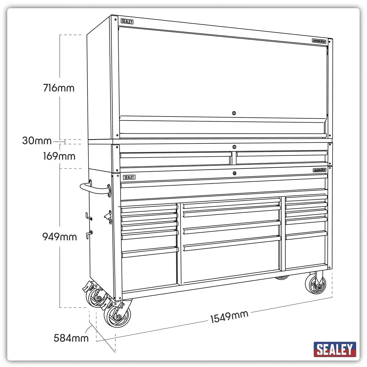 Sealey Superline Pro 15 Drawer 1549mm Mobile Trolley with Wooden Worktop and Hutch and 2 Drawer Riser White Rose Tools