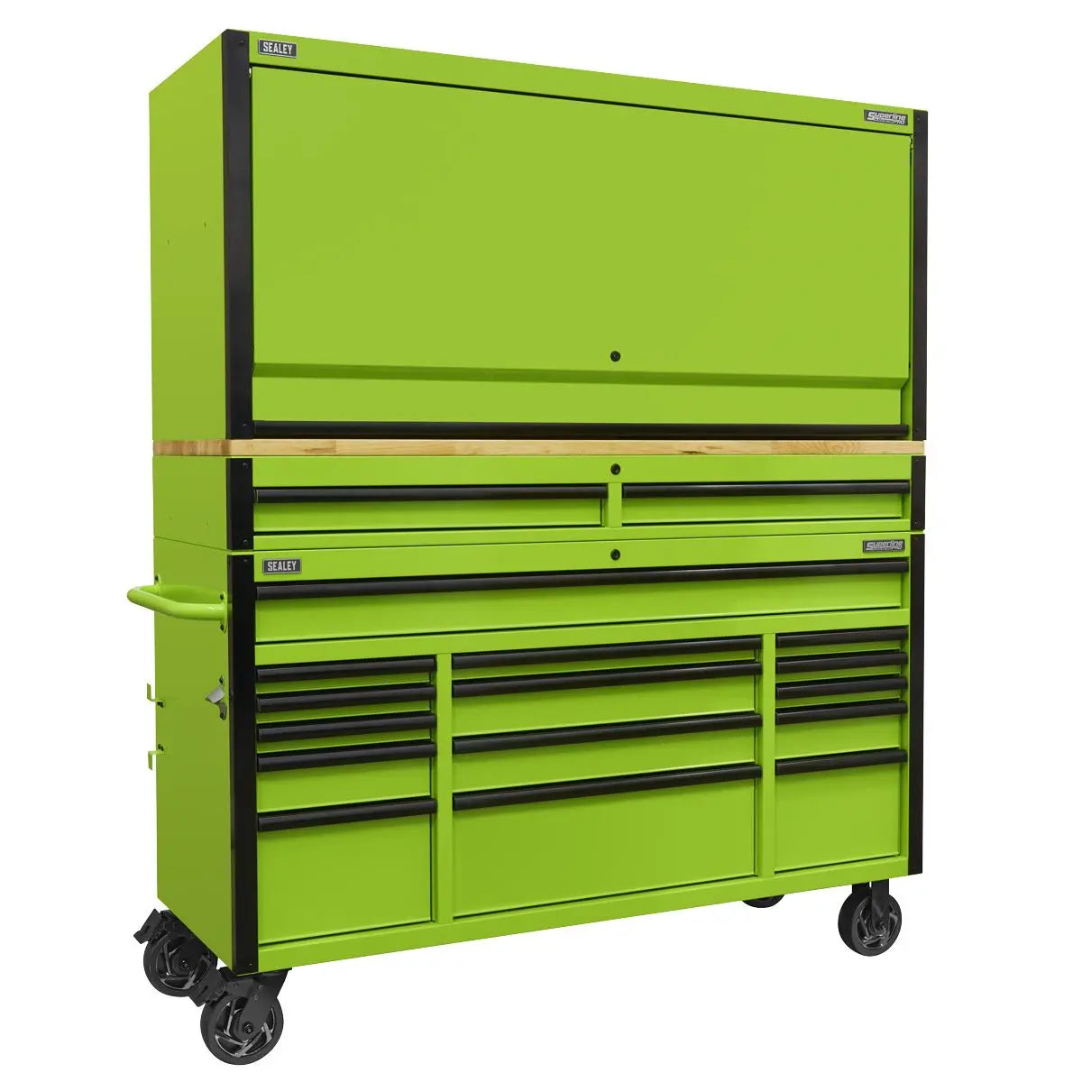 Sealey Superline Pro 15 Drawer 1549mm Mobile Trolley with Wooden Worktop and Hutch and 2 Drawer Riser