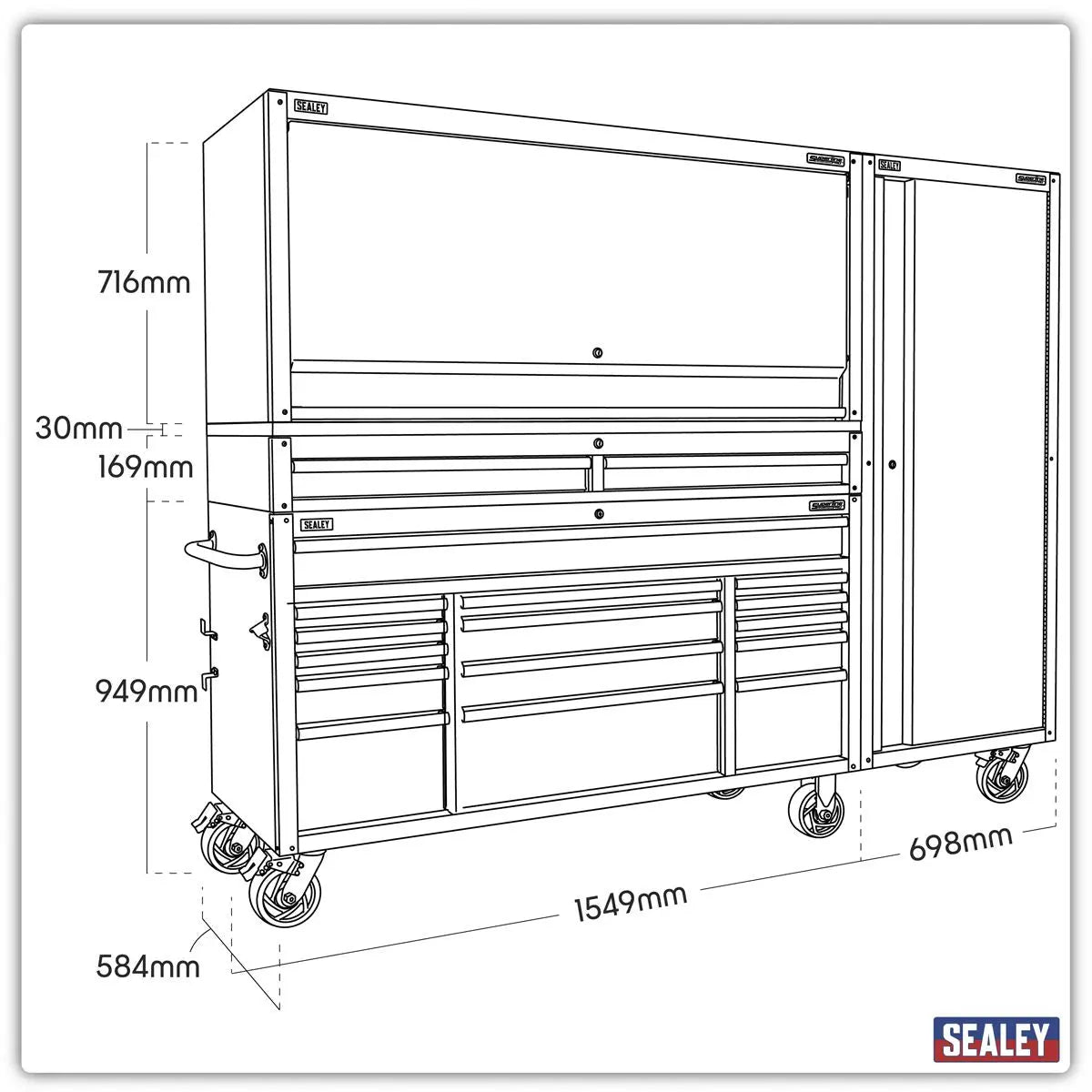 Sealey Superline Pro 15 Drawer 1549mm Mobile Trolley with Wooden Worktop, Hutch, 2 Drawer Riser & Side Locker White Rose Tools
