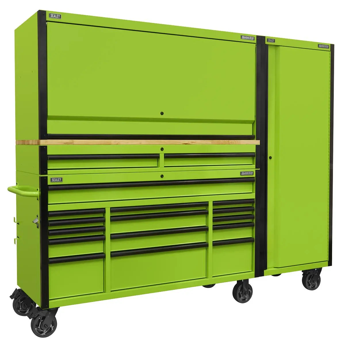 Sealey Superline Pro 15 Drawer 1549mm Mobile Trolley with Wooden Worktop, Hutch, 2 Drawer Riser & Side Locker White Rose Tools