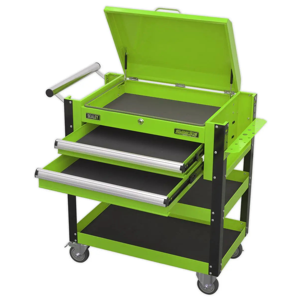 Sealey Superline Pro Heavy-Duty Mobile Tool & Parts Trolley 2 Drawers & Lockable Top - Green