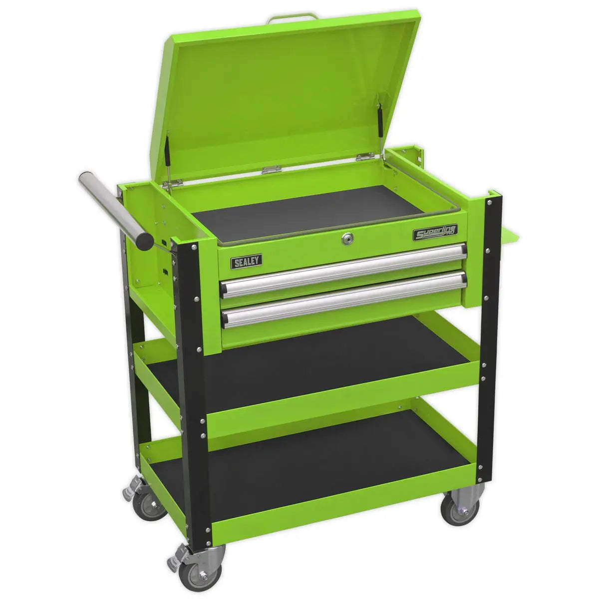 Sealey Superline Pro Heavy-Duty Mobile Tool & Parts Trolley 2 Drawers & Lockable Top - Green