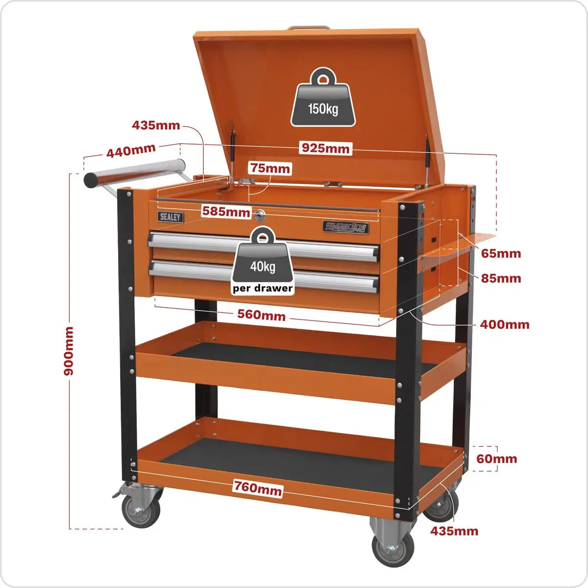 Sealey Superline Pro Heavy-Duty Mobile Tool & Parts Trolley 2 Drawers & Lockable Top - Orange
