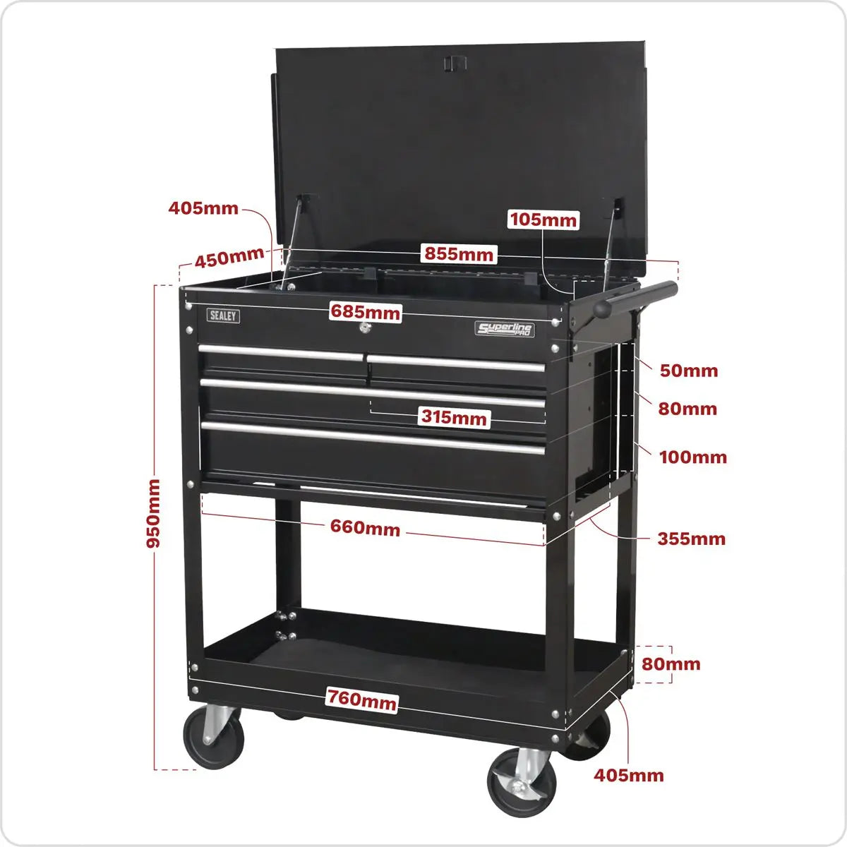 Sealey Superline Pro Heavy-Duty Mobile Tool & Parts Trolley with 4 Drawers & Lockable Top - Black