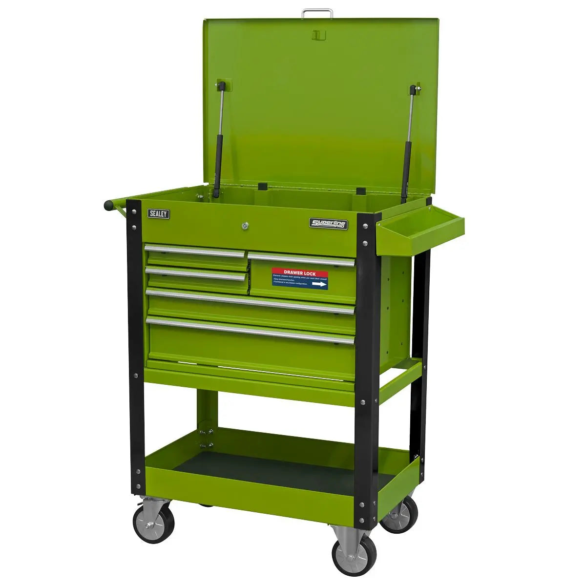 Sealey Superline Pro Heavy-Duty Mobile Tool & Parts Trolley with 5 Drawers and Lockable Top- Hi-Vis Green