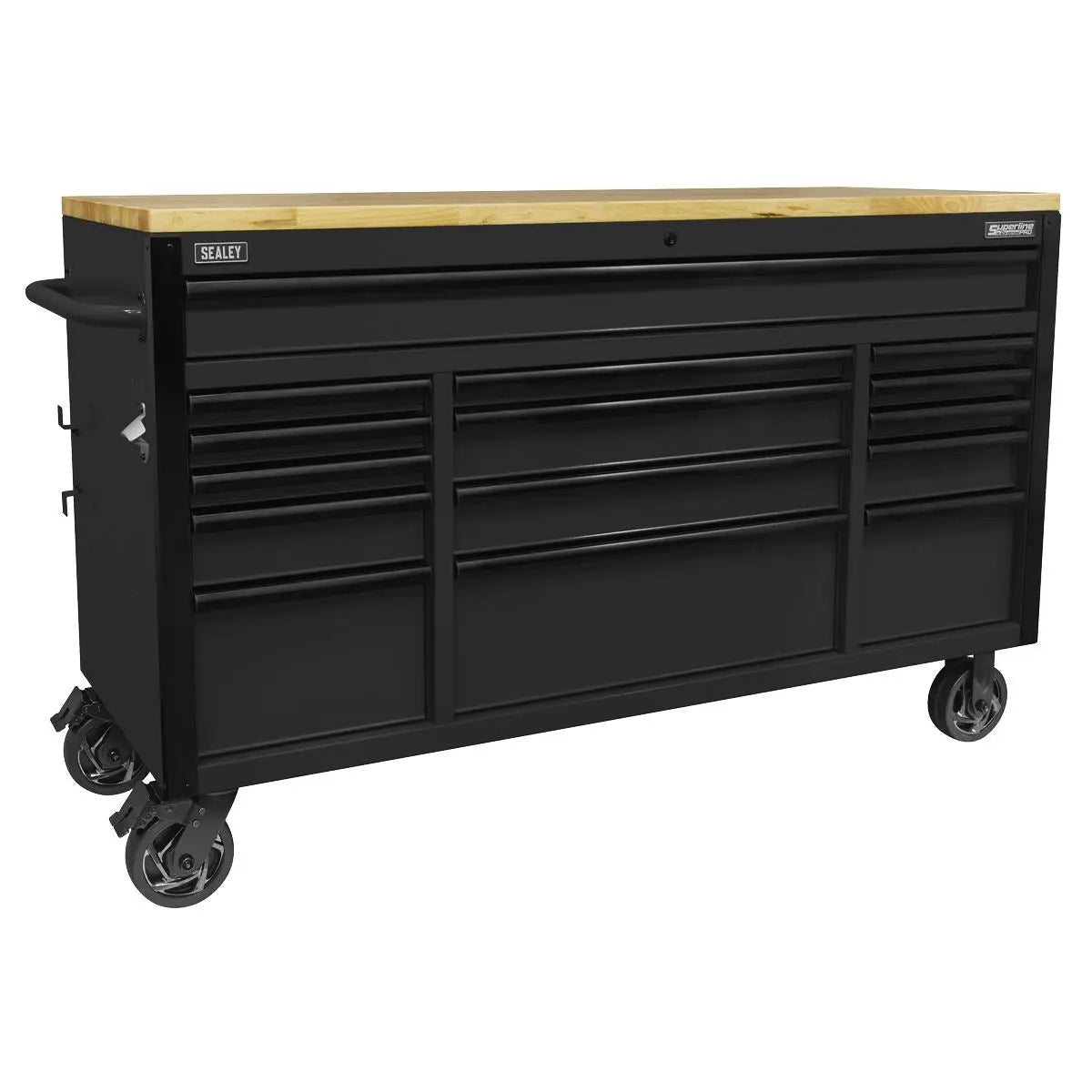 Sealey Superline Pro Superline PRO® Black Edition Mobile Trolley with Wooden Worktop 15 Drawer 1549mm White Rose Tools