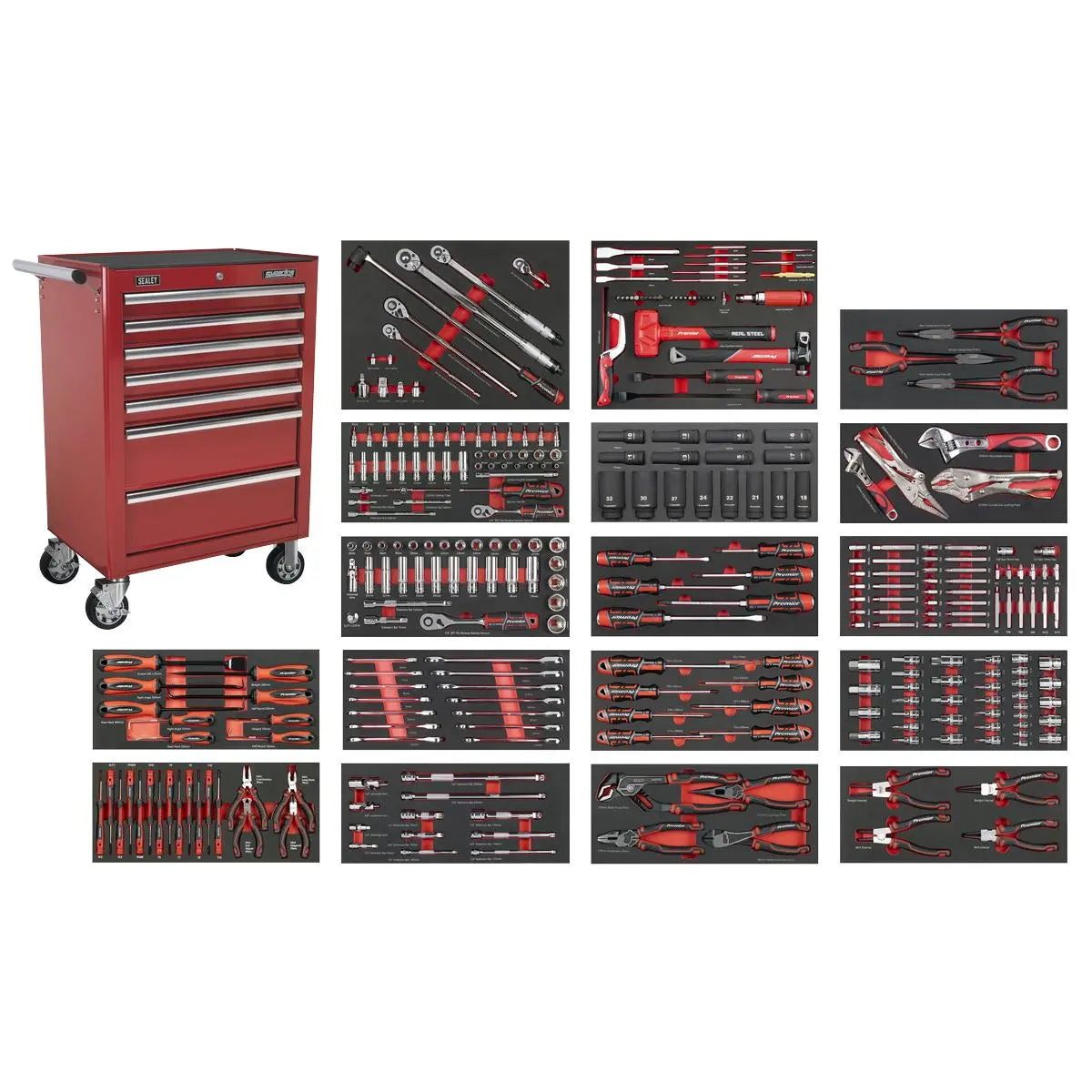 Sealey Superline Pro Superline PRO® Roll Cab 7 Drawer with 305pc Tool Kit - Red White Rose Tools