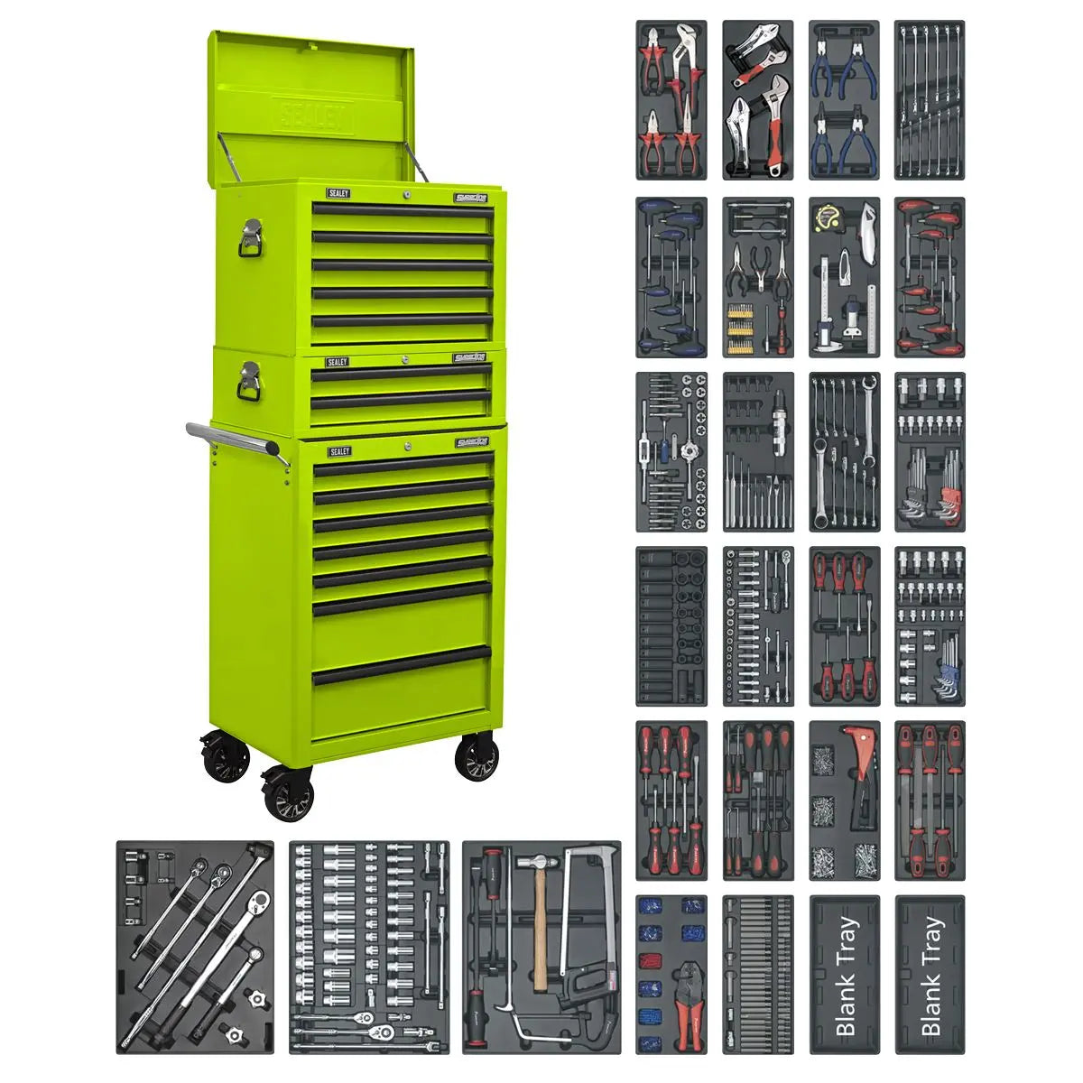 Sealey Superline Pro Tool Chest Combination 14 Drawer with Ball-Bearing Slides - Green & 1179pc Tool Kit White Rose Tools