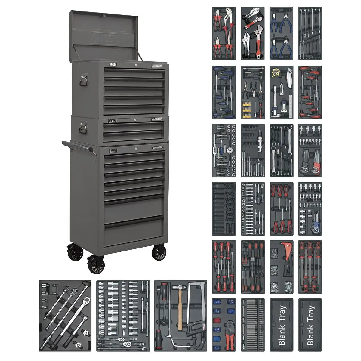 Sealey Superline Pro Tool Chest Combination 14 Drawer with Ball-Bearing Slides - Grey & 1179pc Tool Kit White Rose Tools