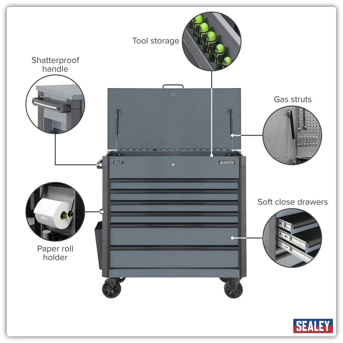 Sealey Superline Pro Tool Trolley 6 Drawer - Grey White Rose Tools