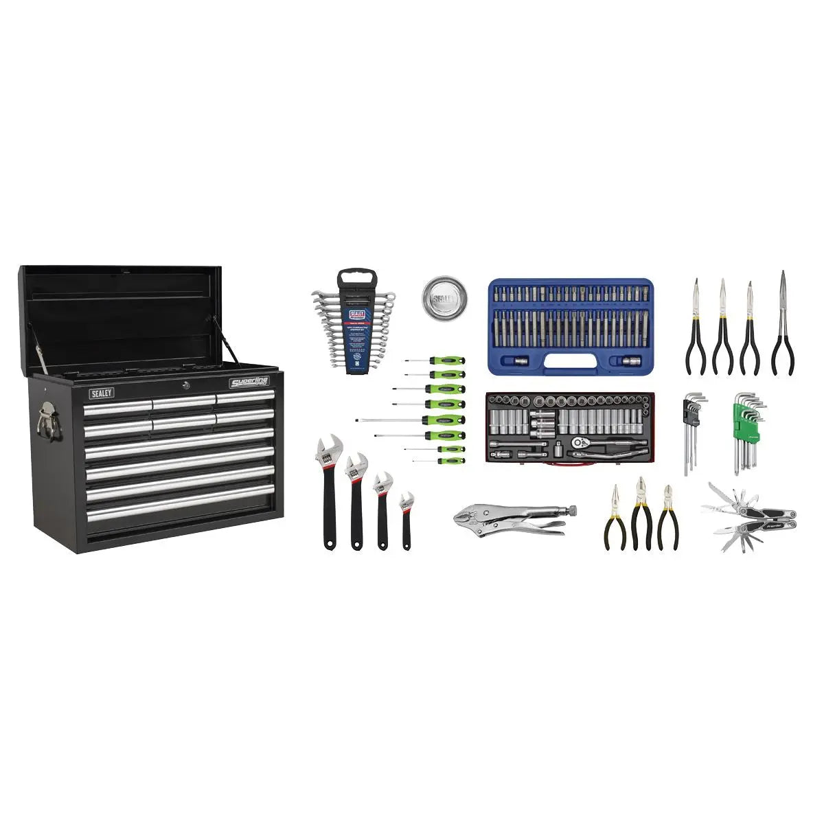 Sealey Superline Pro Topchest 10 Drawer with Ball-Bearing Slides - Black & 140pc Tool Kit
