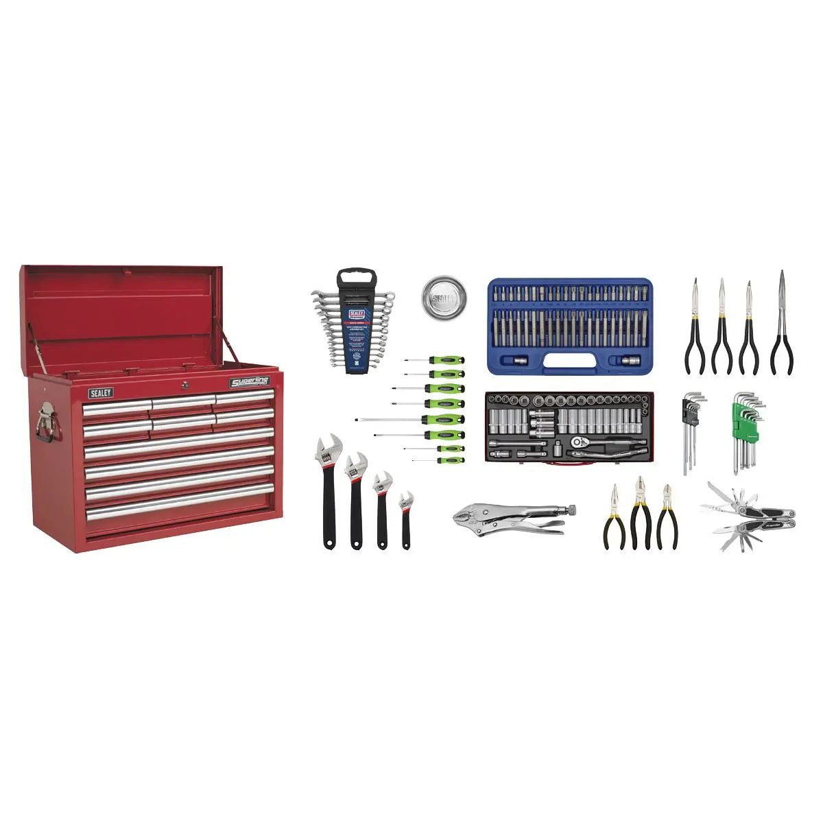 Sealey Superline Pro Topchest 10 Drawer with Ball-Bearing Slides - Red & 140pc Tool Kit