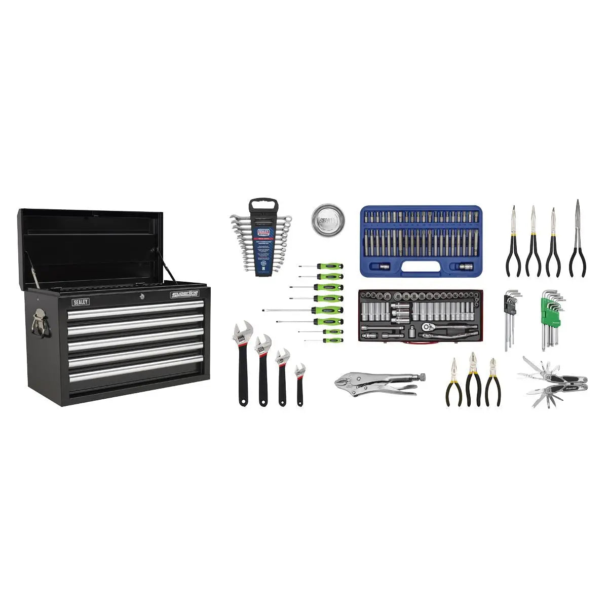 Sealey Superline Pro Topchest 5 Drawer with Ball-Bearing Slides - Black & 140pc Tool Kit
