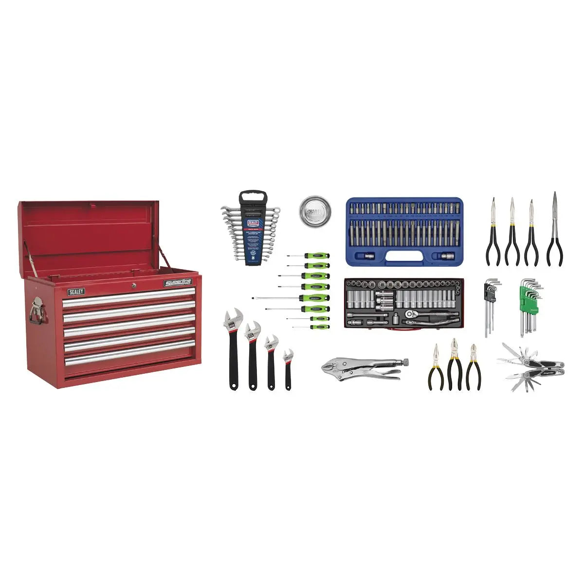 Sealey Superline Pro Topchest 5 Drawer with Ball-Bearing Slides - Red & 140pc Tool Kit