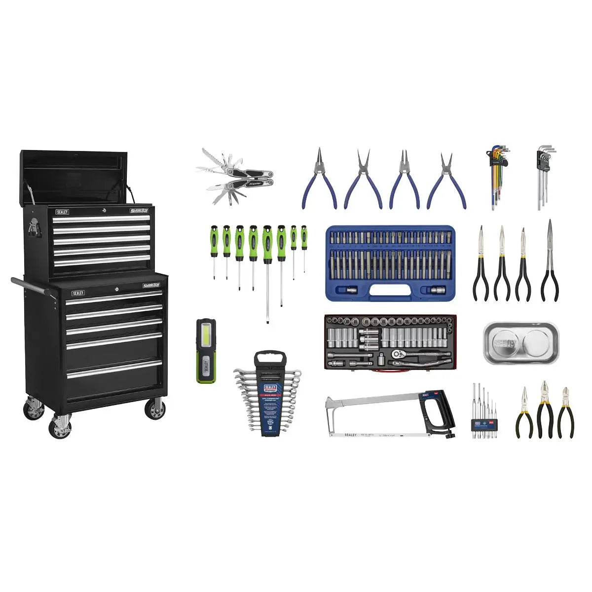 Sealey Superline Pro Topchest & Rollcab Combination 10 Drawer with Ball-Bearing Slides - Black with 148pc Tool Kit