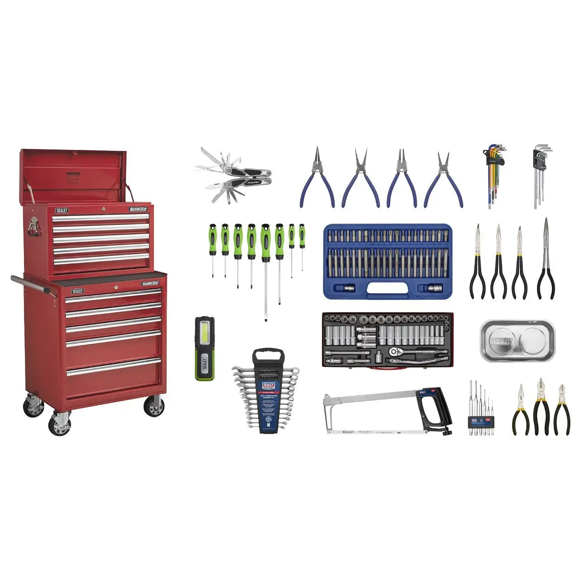 Sealey Superline Pro Topchest & Rollcab Combination 10 Drawer with Ball-Bearing Slides - Red with 148pc Tool Kit