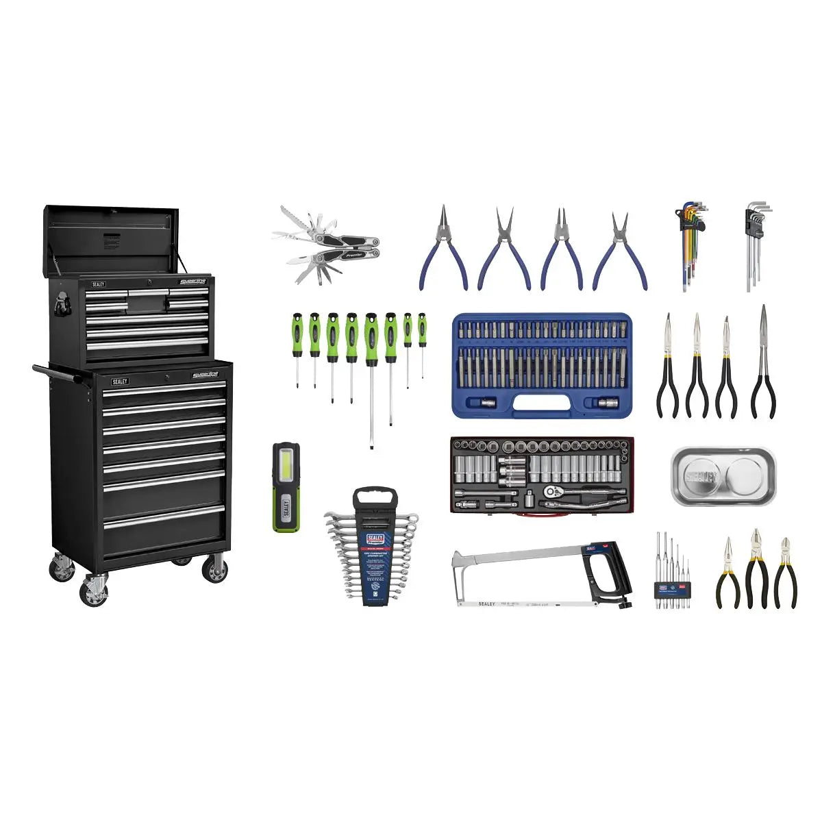 Sealey Superline Pro Topchest & Rollcab Combination 15 Drawer with Ball-Bearing Slides - Black & 148pc Tool Kit