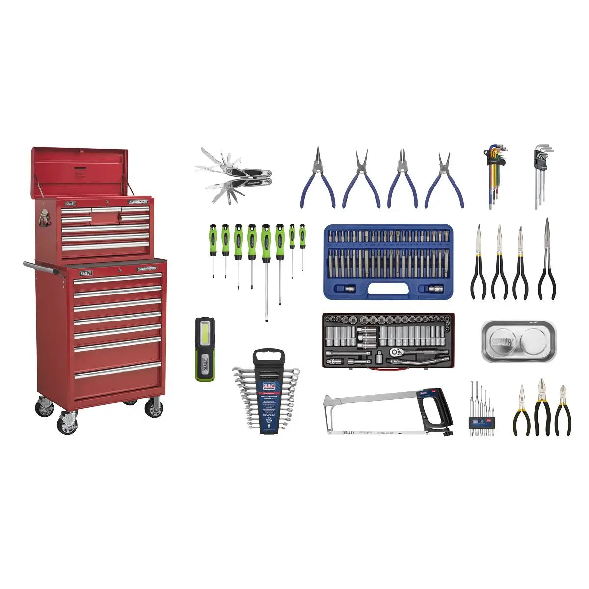 Sealey Superline Pro Topchest & Rollcab Combination 15 Drawer with Ball-Bearing Slides - Red & 148pc Tool Kit