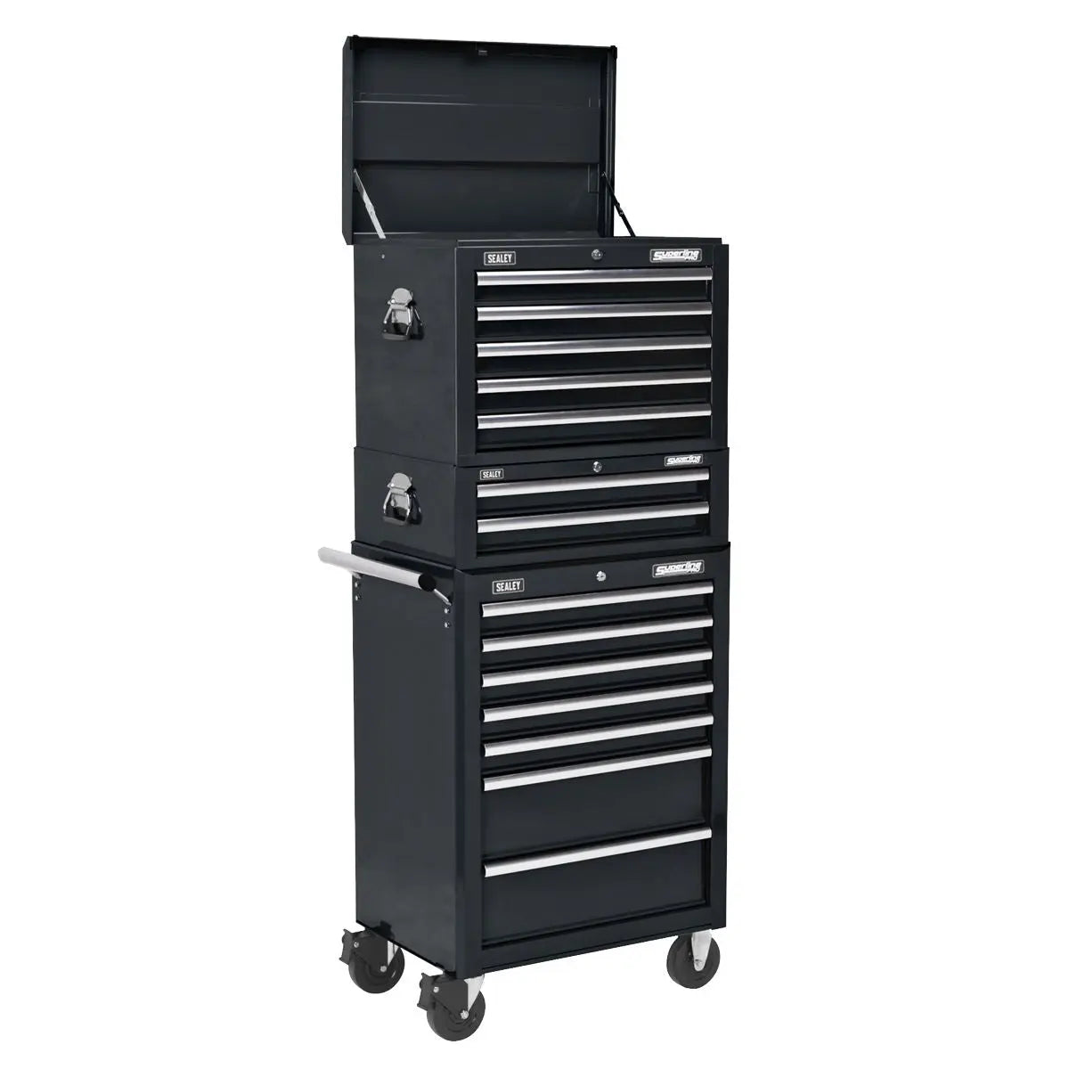 Sealey Superline Pro Topchest, Mid-Box Tool Chest & Rollcab Combination 14 Drawer with Ball-Bearing Slides - Black