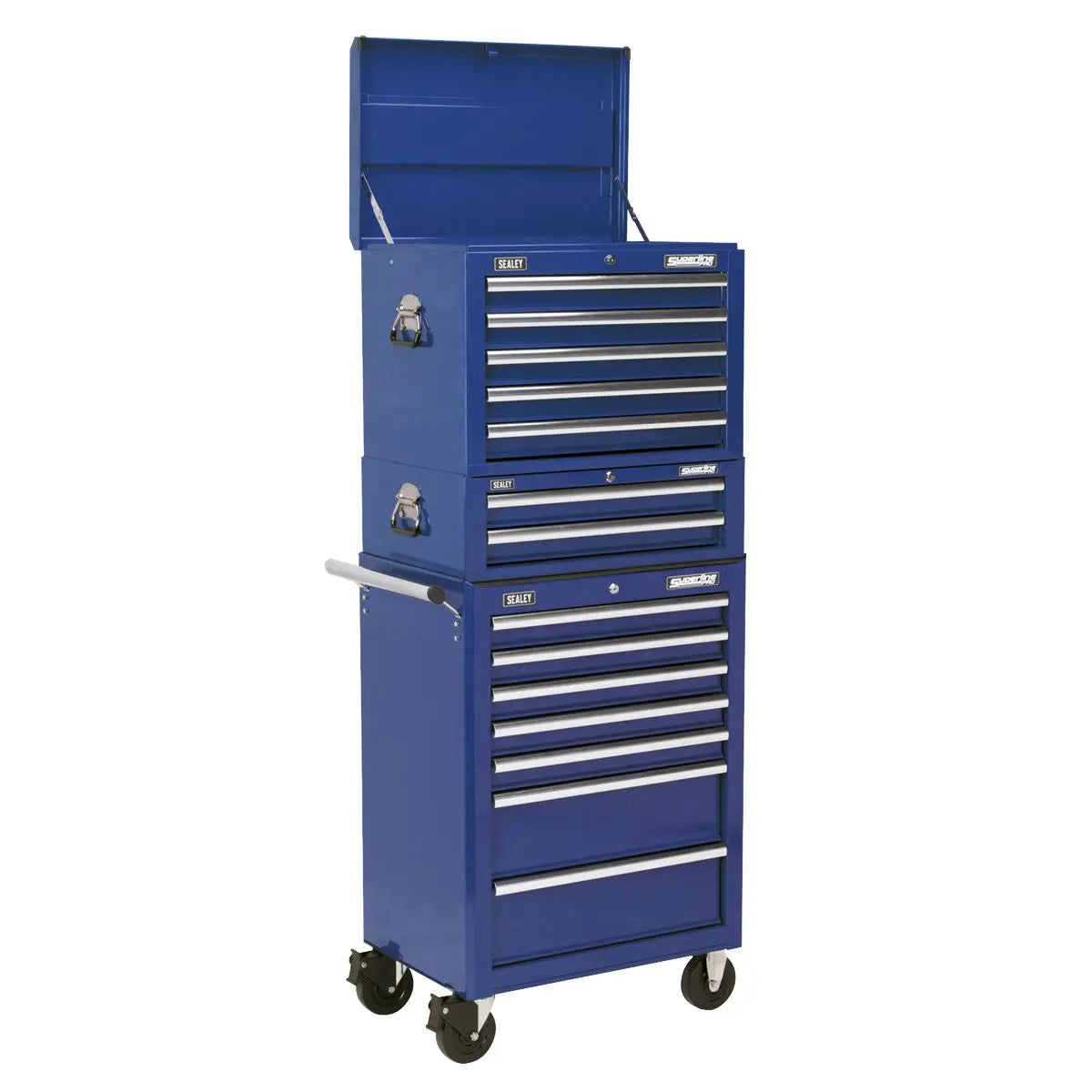 Sealey Superline Pro Topchest, Mid-Box Tool Chest & Rollcab Combination 14 Drawer with Ball-Bearing Slides - Blue