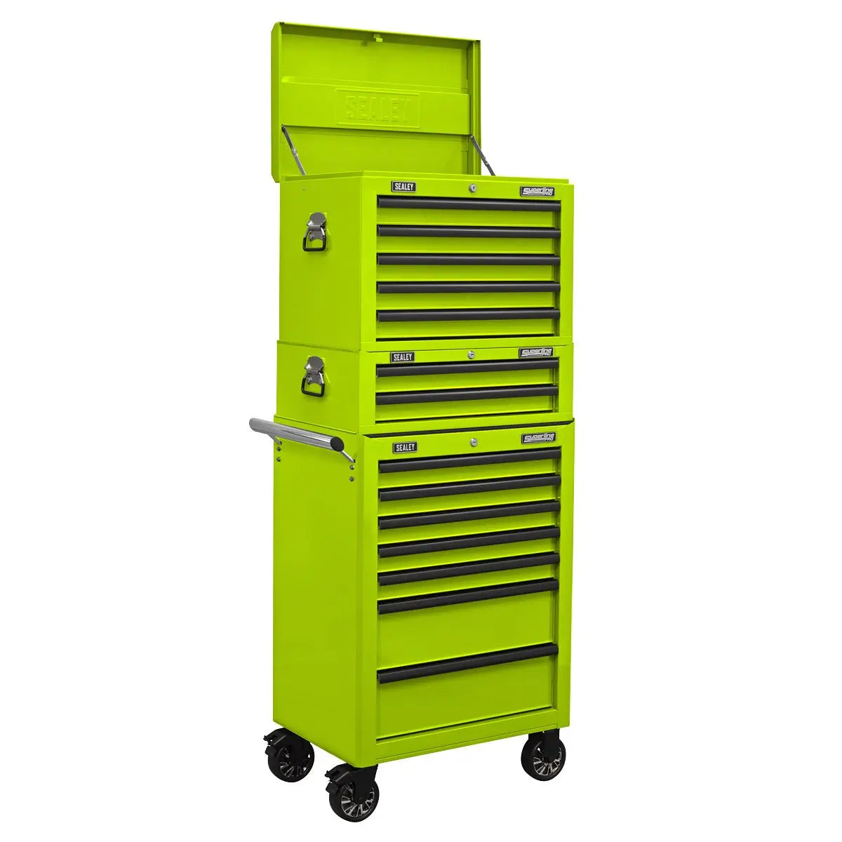Sealey Superline Pro Topchest, Mid-Box Tool Chest & Rollcab Combination 14 Drawer with Ball-Bearing Slides - Green White Rose Tools