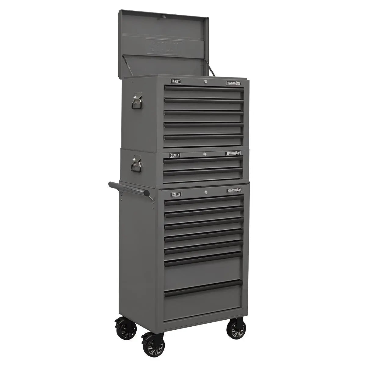 Sealey Superline Pro Topchest, Mid-Box Tool Chest & Rollcab Combination 14 Drawer with Ball-Bearing Slides - Grey White Rose Tools