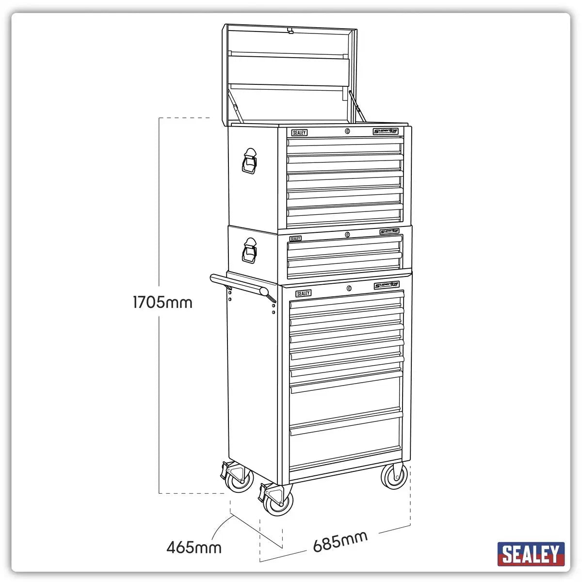 Sealey Superline Pro Topchest, Mid-Box Tool Chest & Rollcab Combination 14 Drawer with Ball-Bearing Slides - Orange White Rose Tools