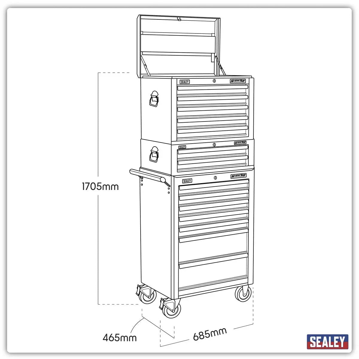 Sealey Superline Pro Topchest, Mid-Box Tool Chest & Rollcab Combination 14 Drawer with Ball-Bearing Slides - Red White Rose Tools