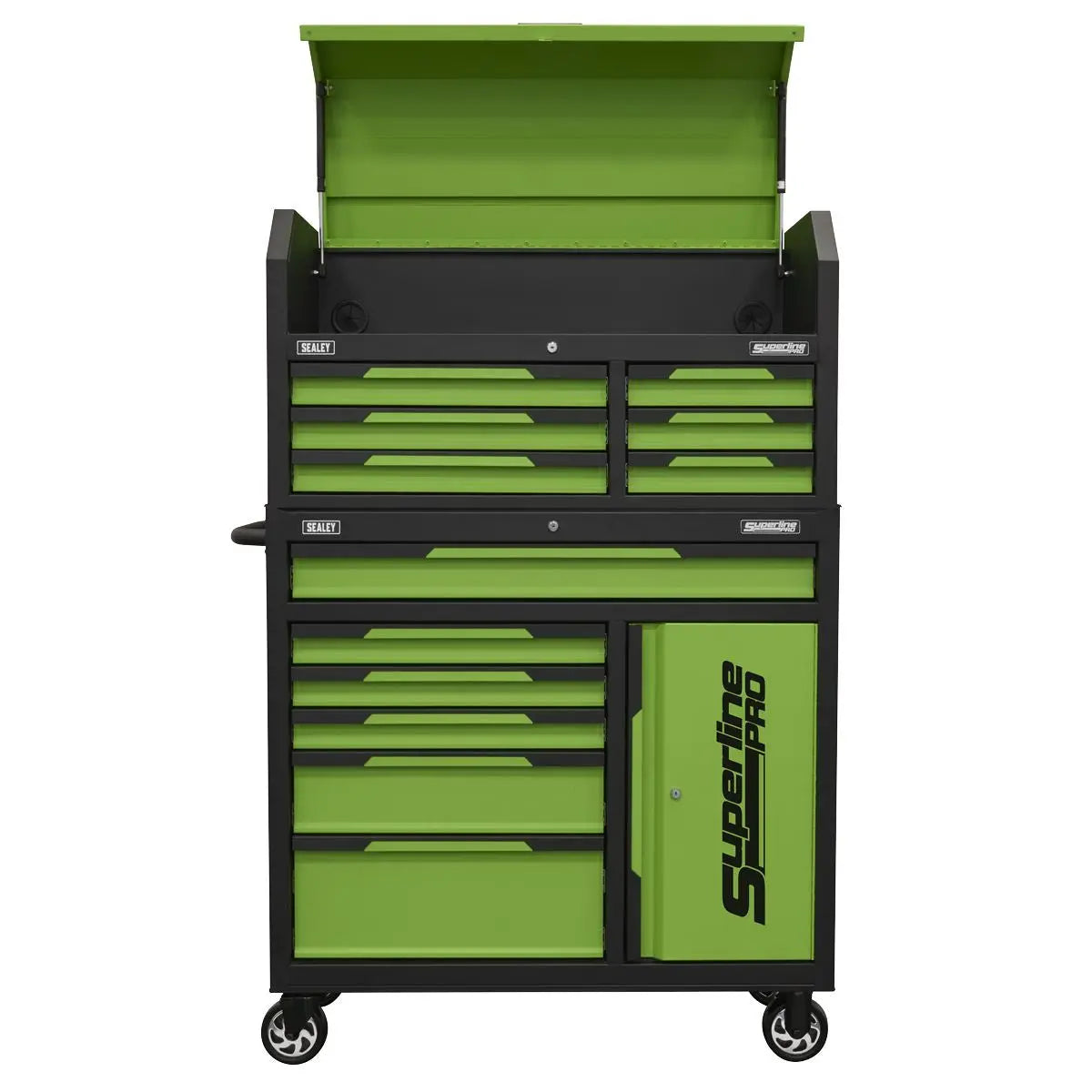 Sealey Superline Pro® Topchest & Rollcab Combination 12 Drawer & 1 Door Cupboard - Green White Rose Tools