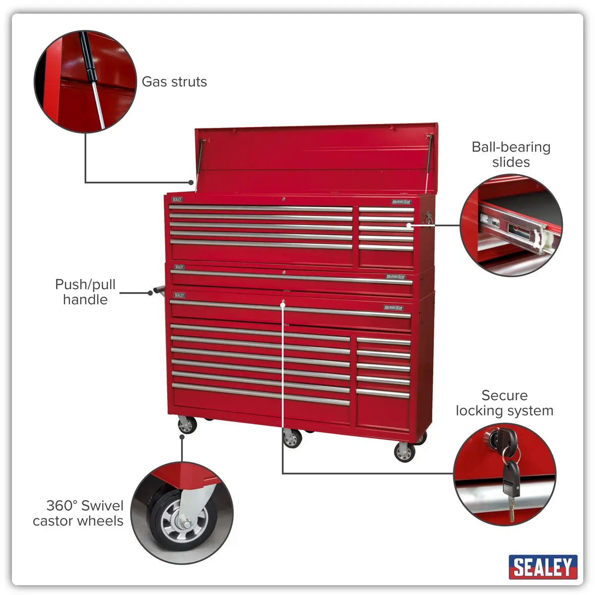Sealey Topchest, Mid-Box Tool Chest & Rollcab Combination 23 Drawer with Ball-Bearing Slides - Red White Rose Tools