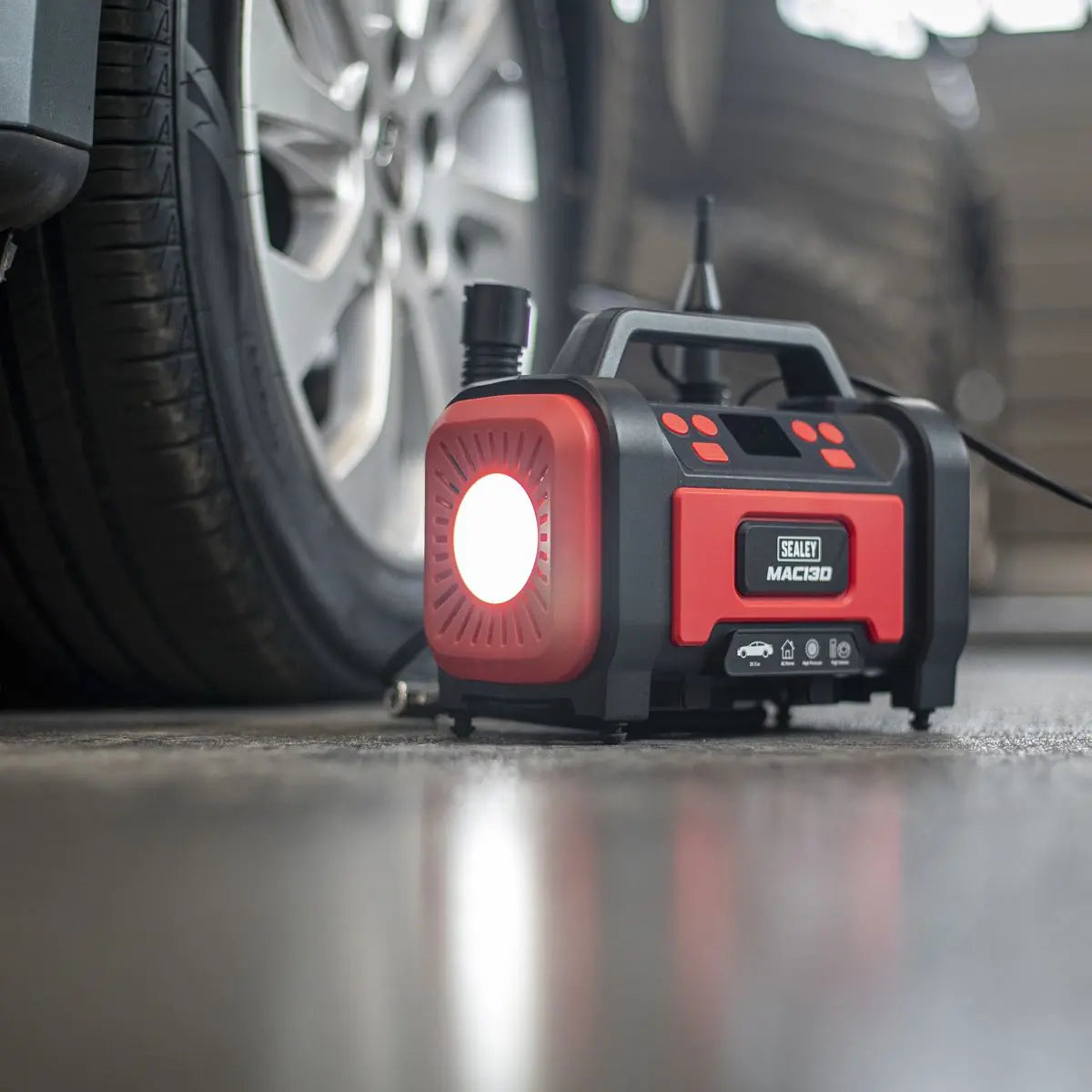 Sealey Tyre Inflator & High-Volume Air Pump 12V/230V AC White Rose Tools