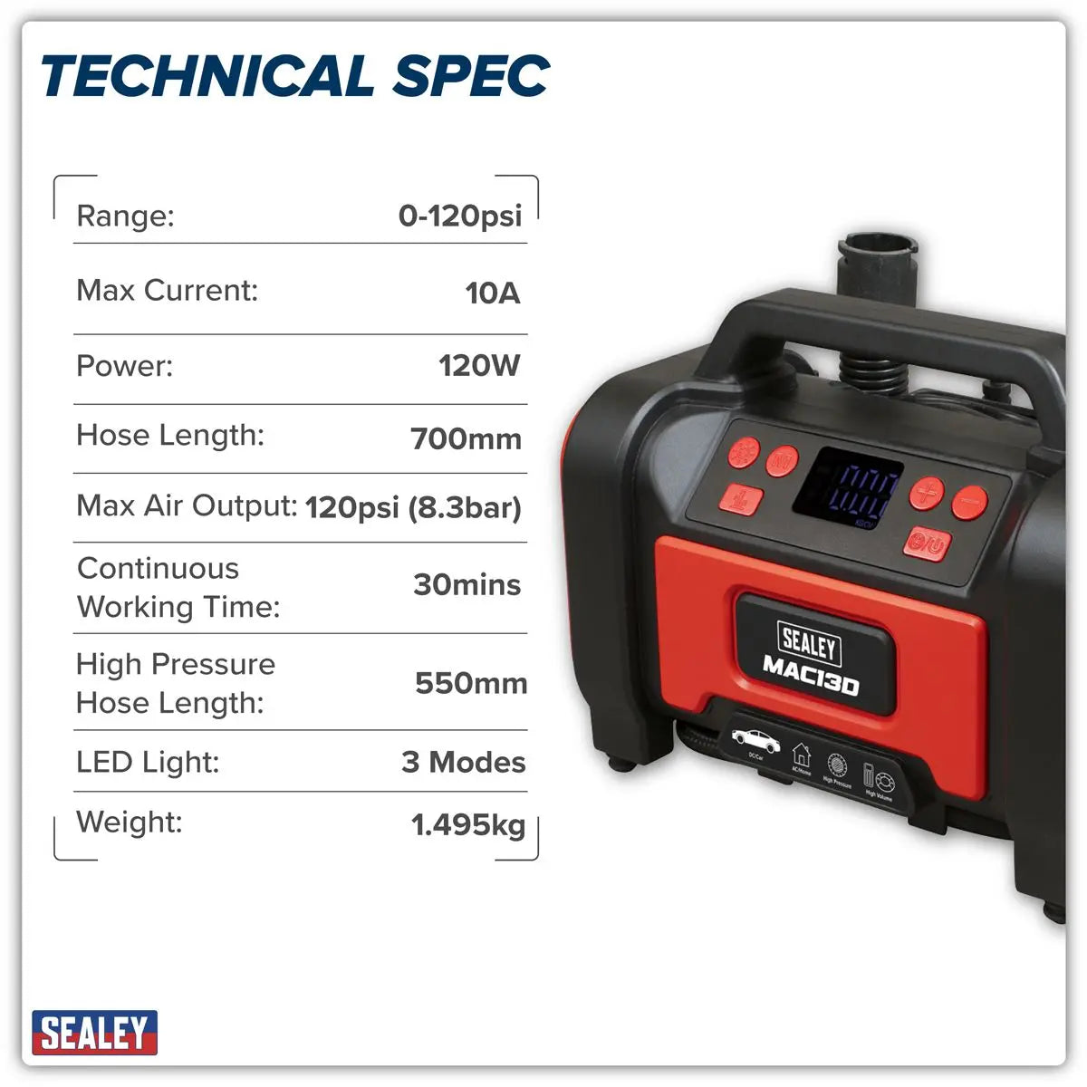 Sealey Tyre Inflator & High-Volume Air Pump 12V/230V AC White Rose Tools