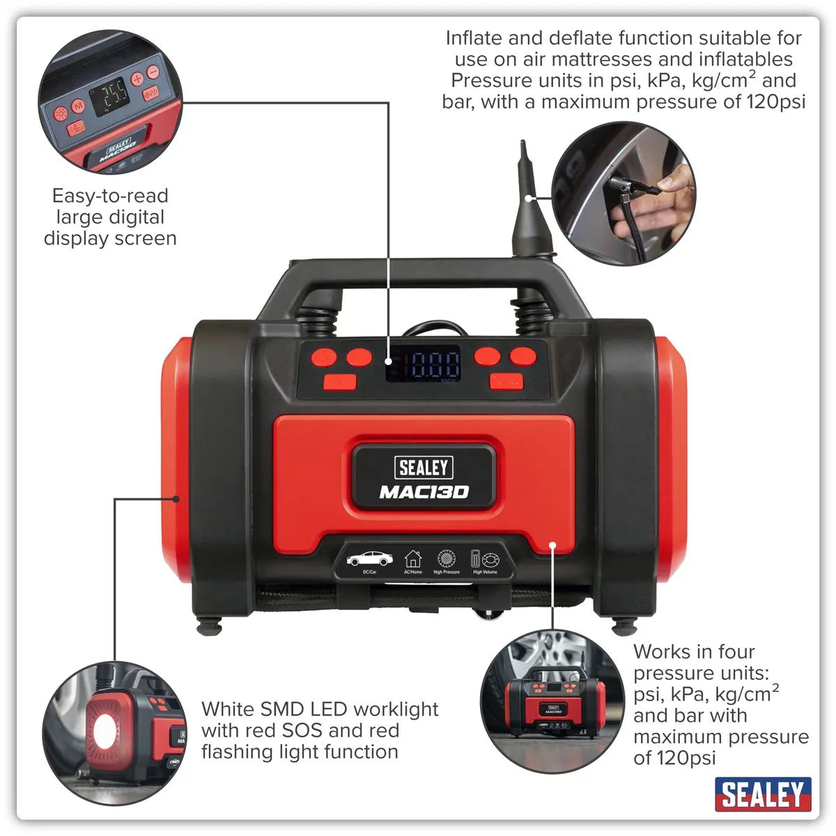 Sealey Tyre Inflator & High-Volume Air Pump 12V/230V AC White Rose Tools