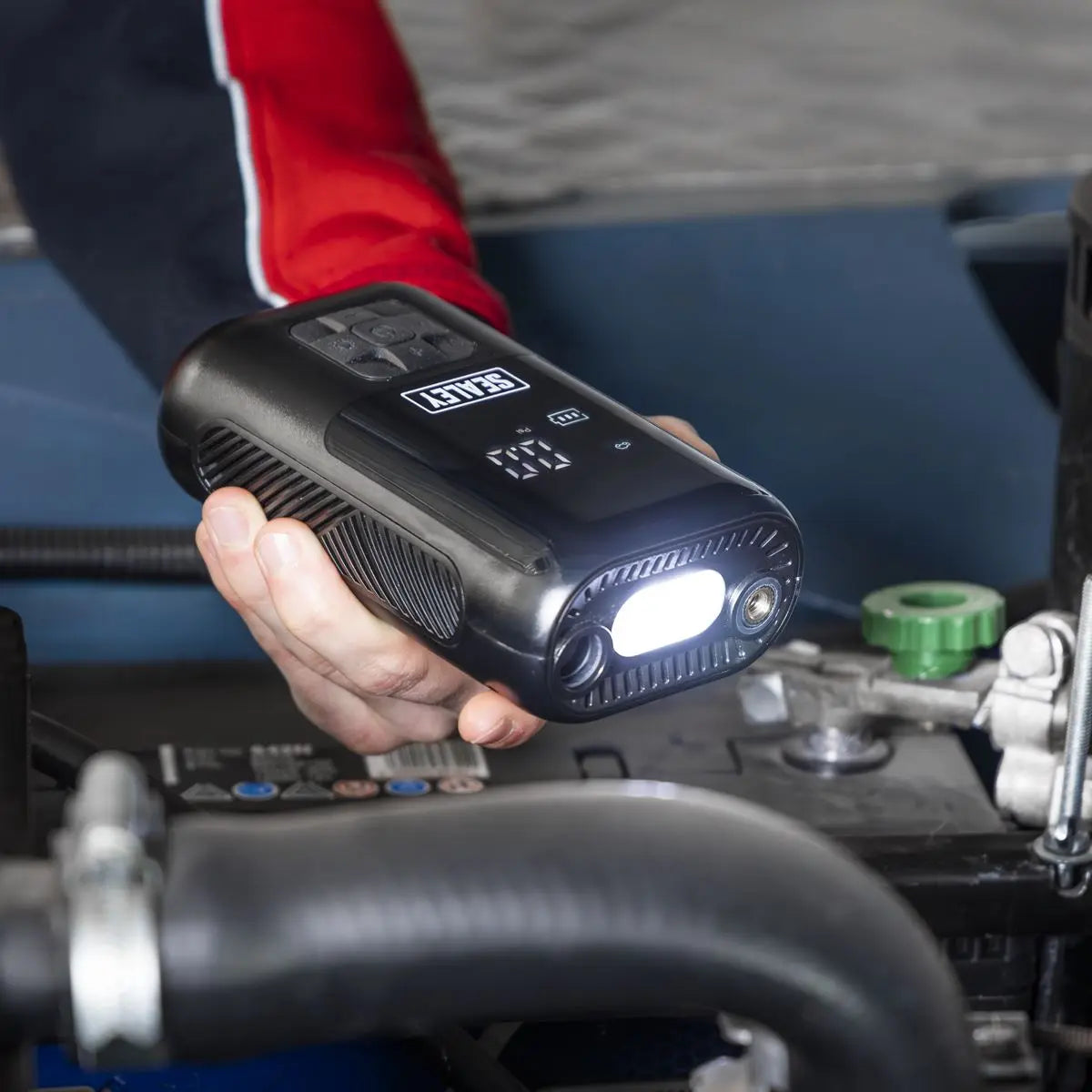 Sealey Tyre Inflator & Power Bank with Worklight Rechargeable  White Rose Tools