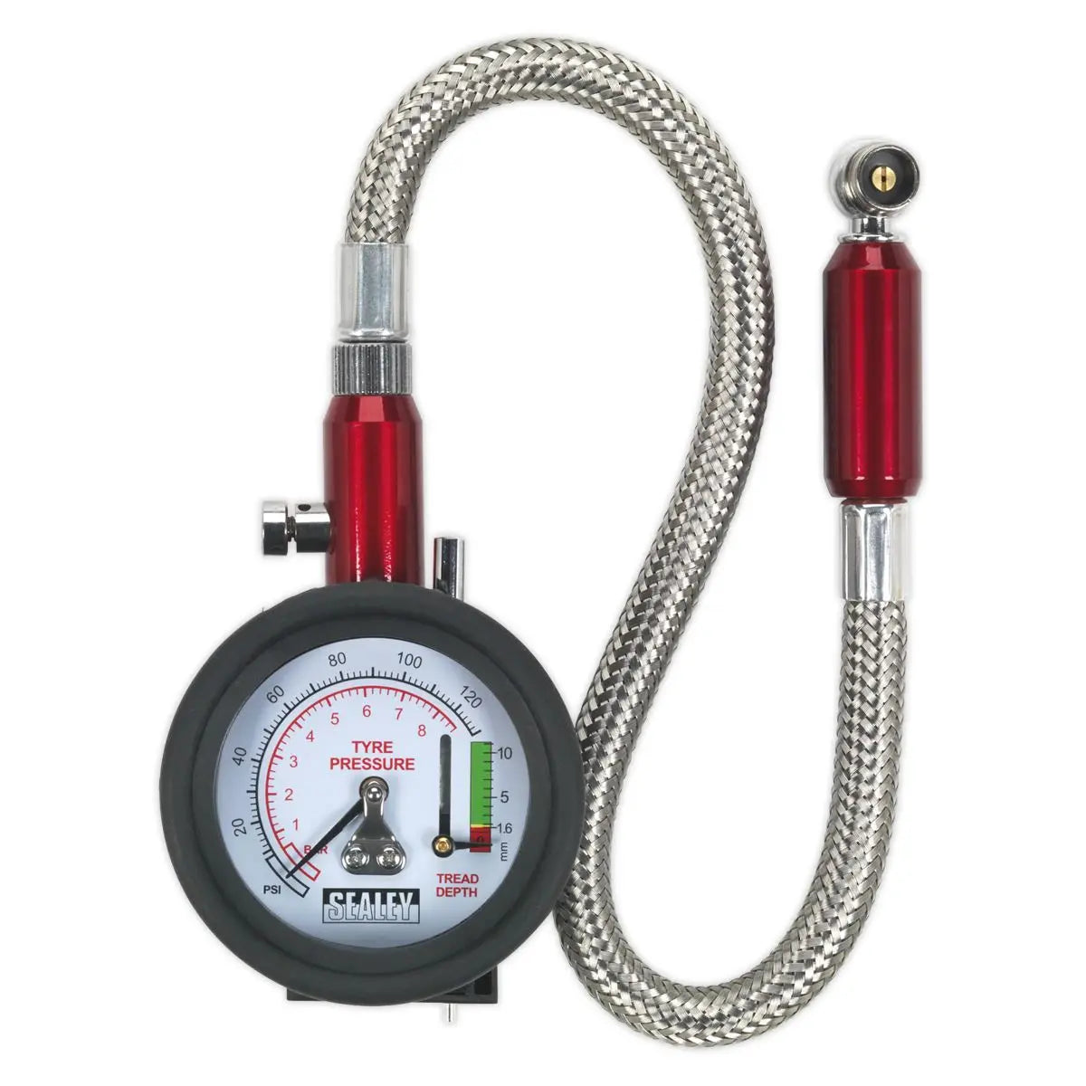 Sealey Tyre Pressure Gauge & Tyre Tread Depth Gauge - Flexible Hose 0-8bar(0-120psi)