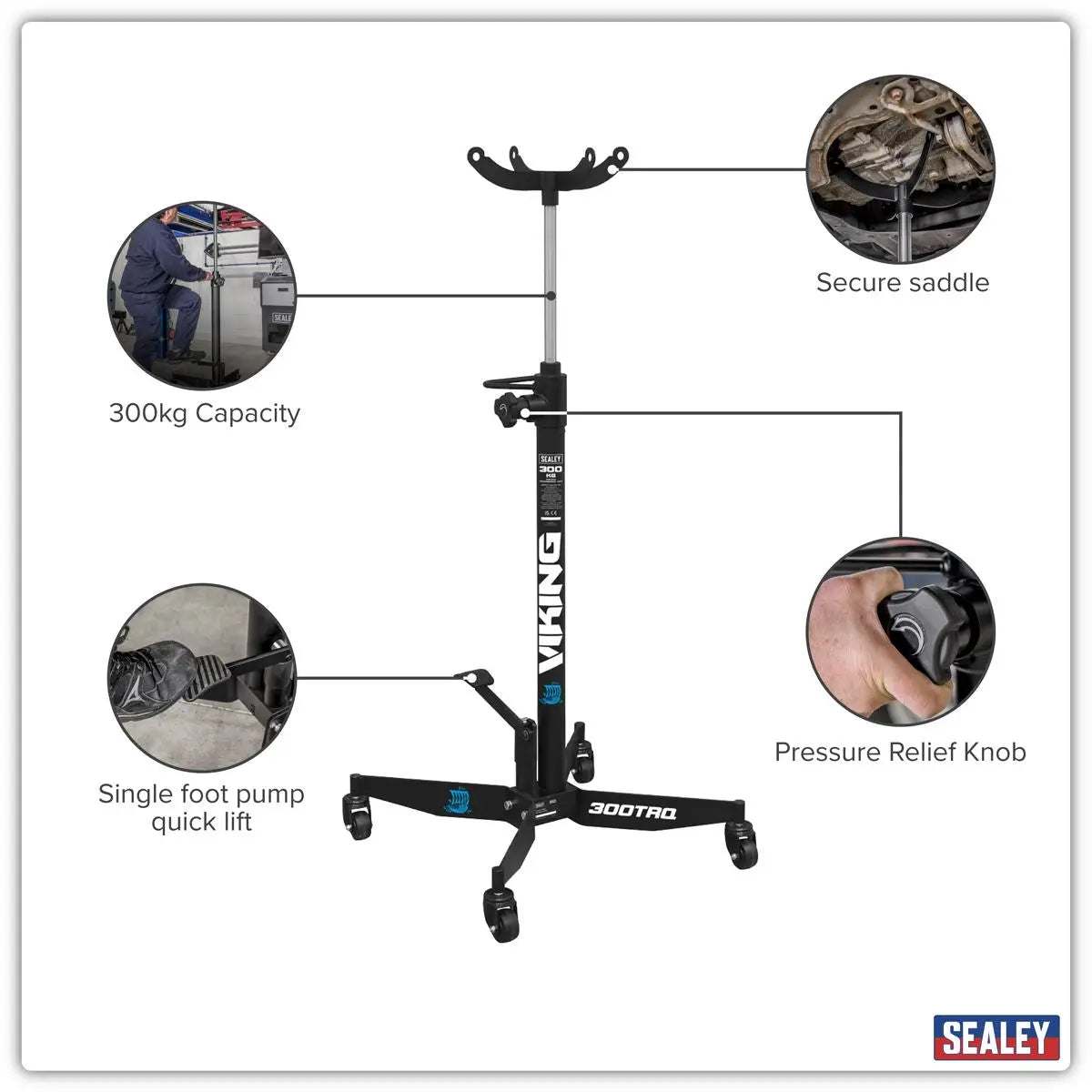 Sealey Vertical Quick Lift Transmission Jack 300kg White Rose Tools