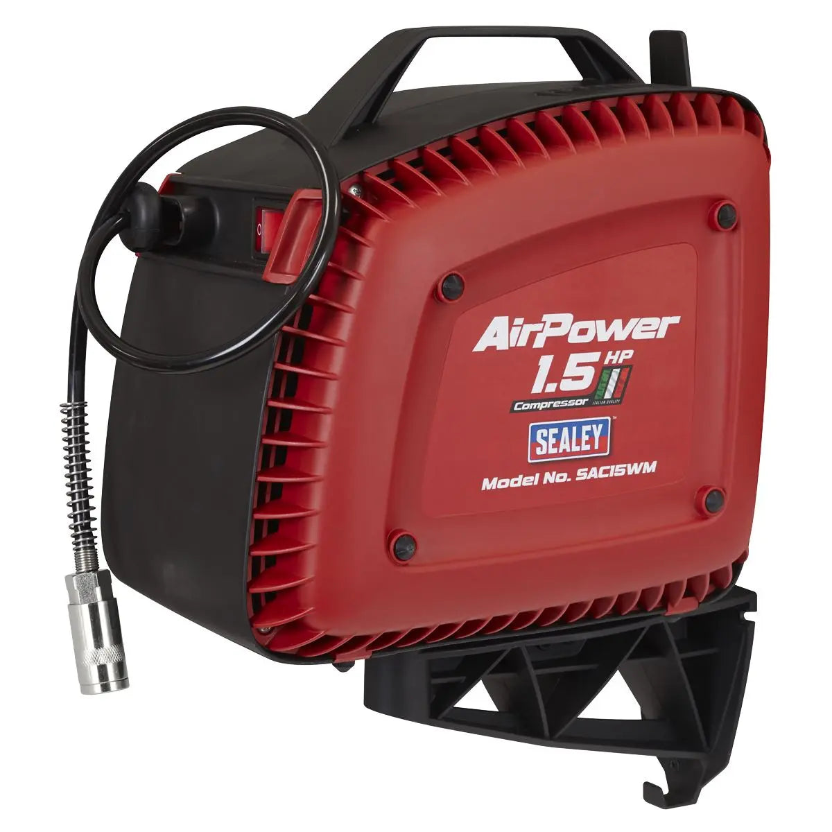 Sealey Wall Mounting Oil Free Air Compressor 1.5hp with 7m Retractable Hose Reel White Rose Tools