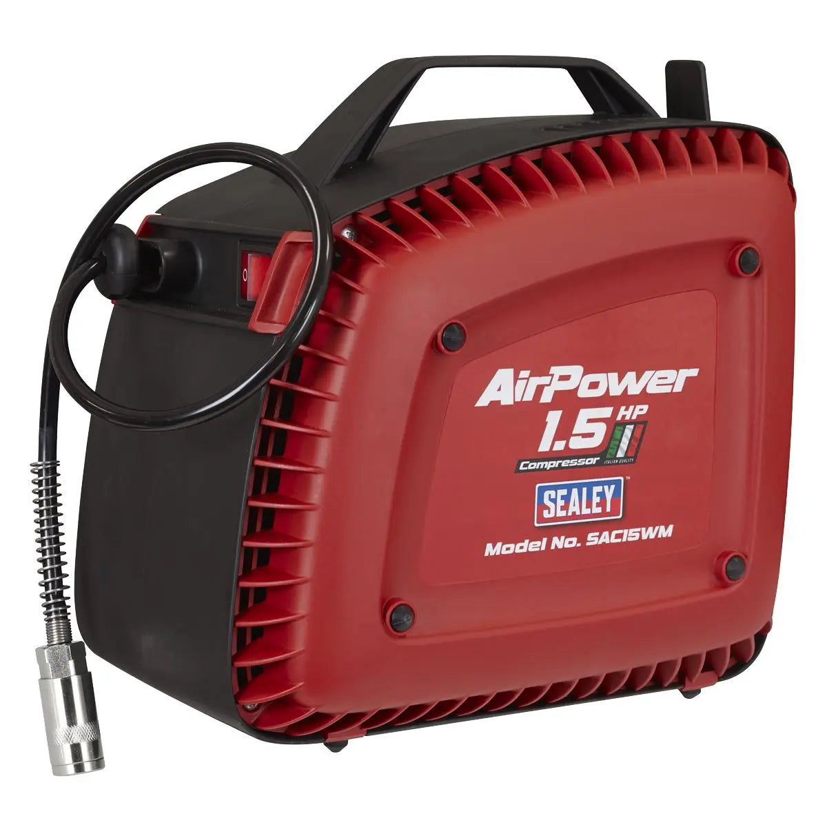 Sealey Wall Mounting Oil Free Air Compressor 1.5hp with 7m Retractable Hose Reel White Rose Tools