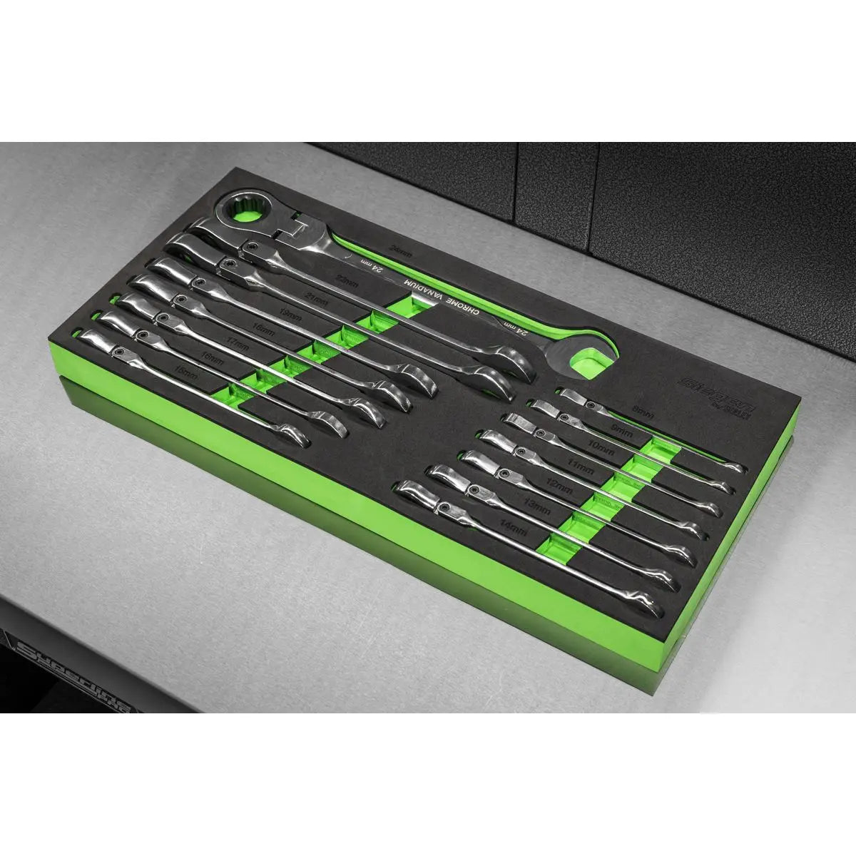 Siegen by Sealey Flexi-Head Combination Ratchet Spanner Set 15pc White Rose Tools