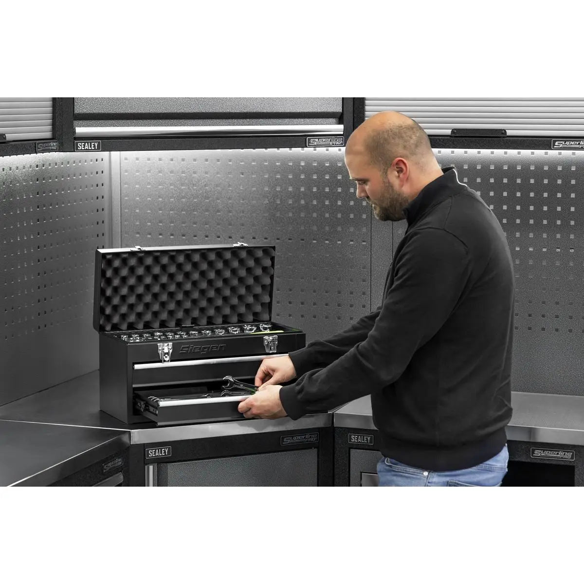 Siegen by Sealey Portable Tool Chest 2 Drawer with 90pc Tool Kit White Rose Tools