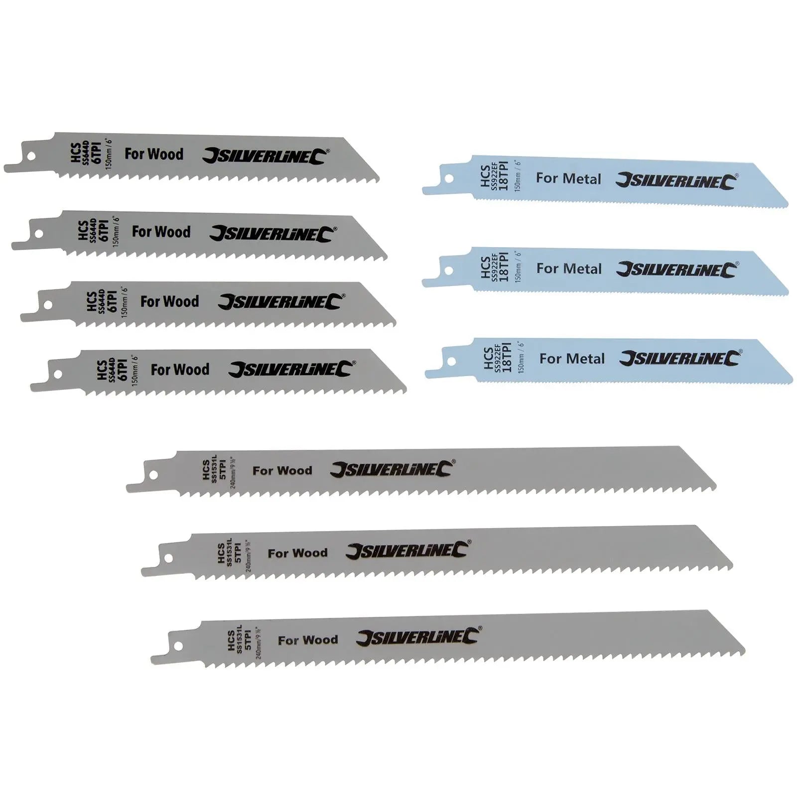 Silverline 10 Pack Recipro Saw Blade Set Sabre Metal Wood 150, 240mm