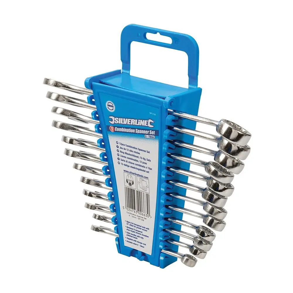 Silverline 12 Piece Combination Spanner Set 8-19mm Open End Hex Storage Rack