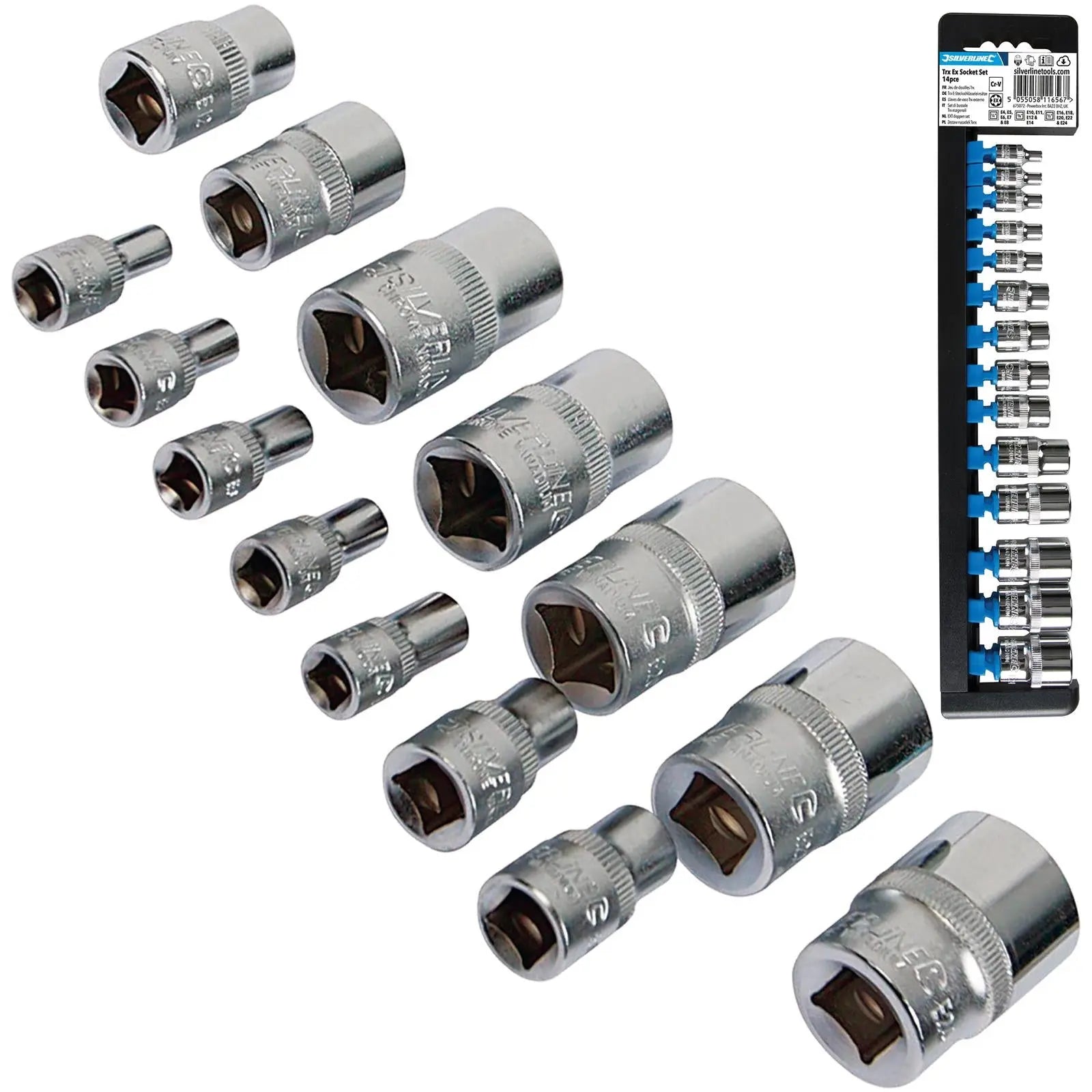 Silverline 14 Piece Torx External Socket Set E4-E24 1/4" 3/8" 1/2" Drive 14pc White Rose Tools