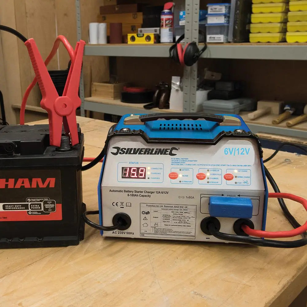 Silverline Automatic Battery Starter Charger 12A 6/12V 8-180Ah Capacity 549095 White Rose Tools
