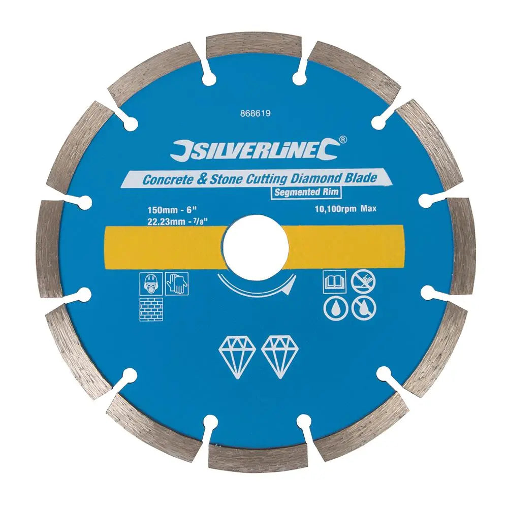 Silverline Concrete & Stone Cutting Diamond Blade 150 x 22.23mm Segmented Rim 868619 White Rose Tools