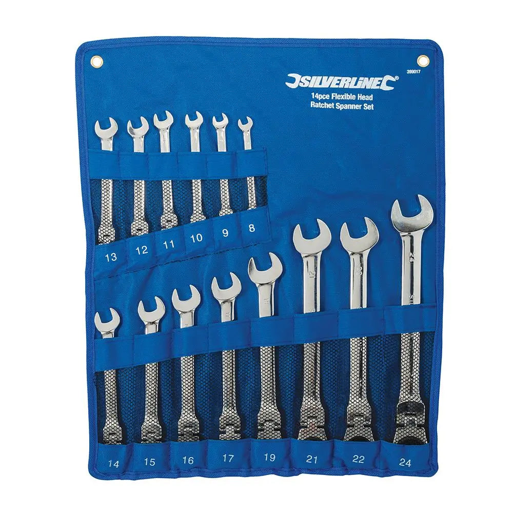 Silverline Flexible Head Ratchet Spanner Set 14pce 8 - 24mm 399017  White Rose Tools