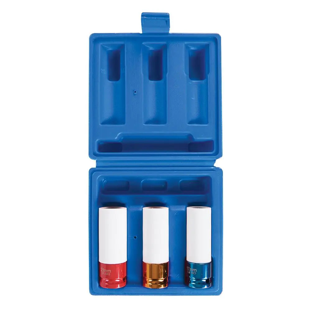 Silverline Impact Alloy Wheel Nut Socket Set 3pce 1/2" / 17, 19 & 21mm 990253 White Rose Tools