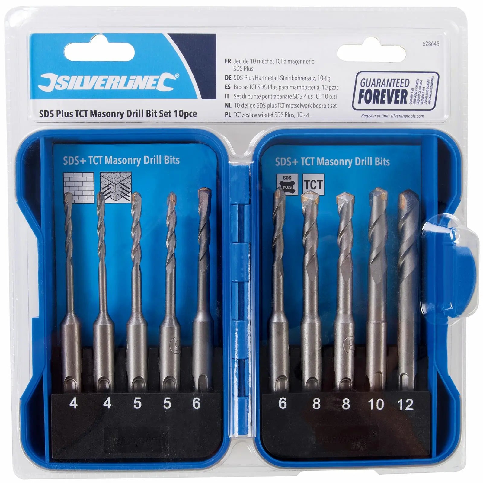 Silverline Masonry Drill Bit Set SDS Plus Concrete Brick Stone Block 10pc 4-12mm  White Rose Tools