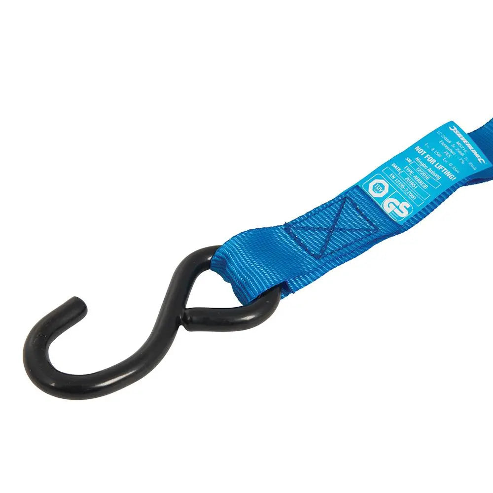 Silverline Ratchet Tie Down Strap S-Hook 4.5m x 25mm - Rated 250kg Capacity 500kg MS21S White Rose Tools